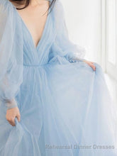 A-Line/Princess V-neck Sweep Train Tulle Semi Formal Prom Dresses With Ruffles